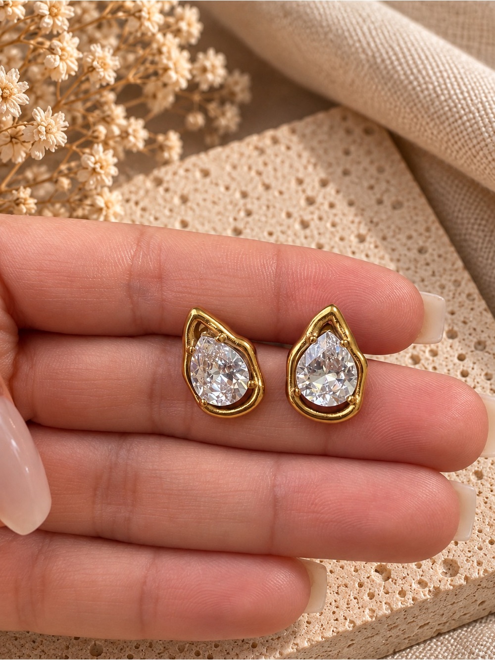 Stainless Steel Teardrop Cubic Zirconia Stud Earrings